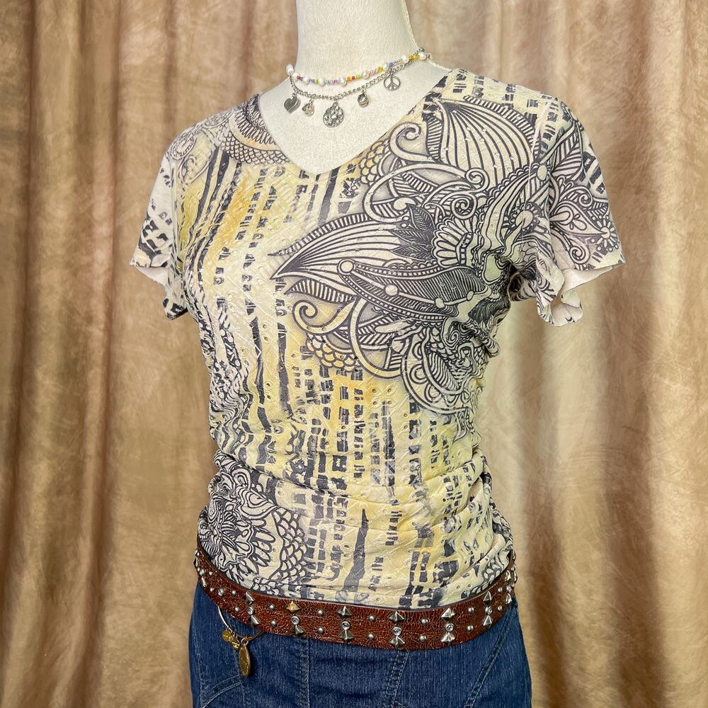 Vintage Y2K Rocaille Top Paisley Layered Cut Out T-Shirt Yellow Indie Sleaze